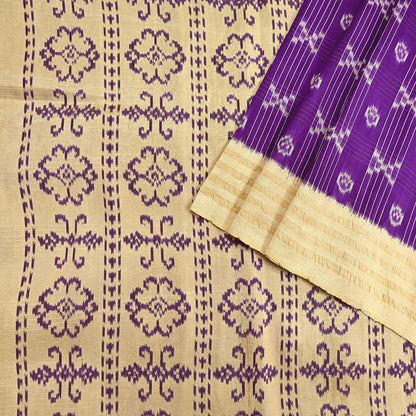 Indian Vintage Saree Beige & Purple Pure Silk Hand Woven Ikat Sari Craft Fabric 5Yard Dress Making Ethnic Premium Saree Quilting Crafting