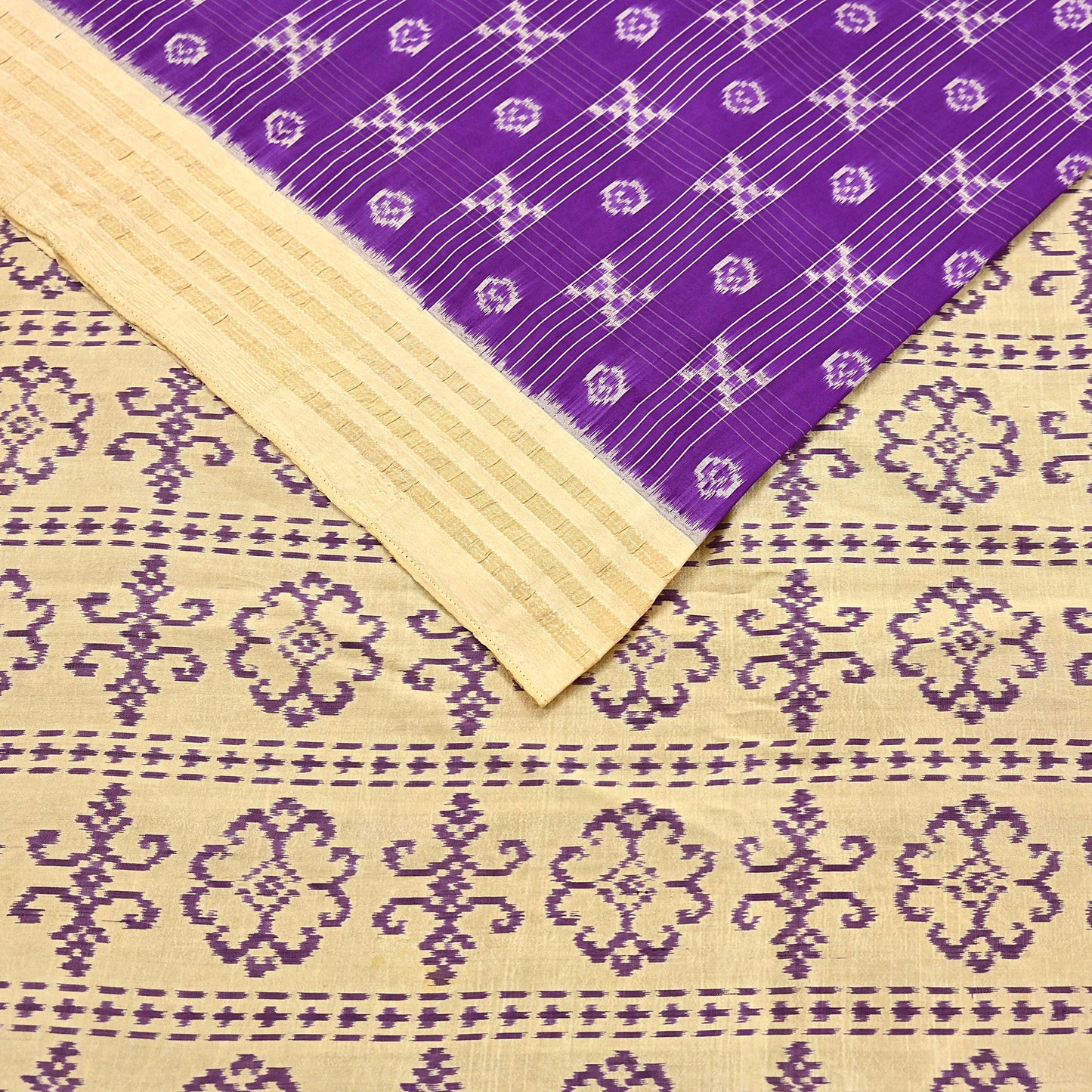 Indian Vintage Saree Beige & Purple Pure Silk Hand Woven Ikat Sari Craft Fabric 5Yard Dress Making Ethnic Premium Saree Quilting Crafting