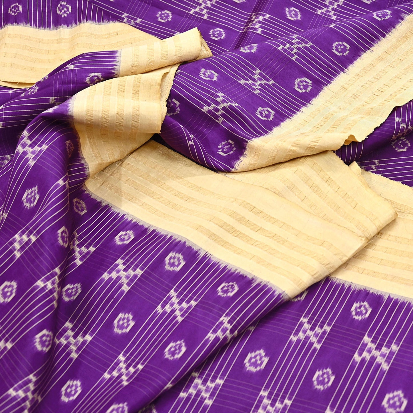 Indian Vintage Saree Beige & Purple Pure Silk Hand Woven Ikat Sari Craft Fabric 5Yard Dress Making Ethnic Premium Saree Quilting Crafting