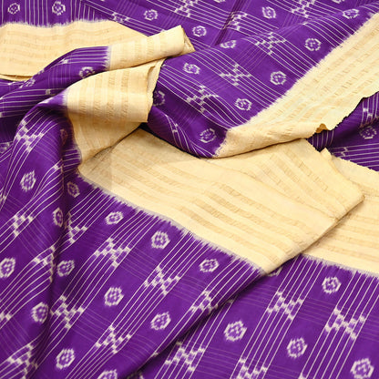 Indian Vintage Saree Beige & Purple Pure Silk Hand Woven Ikat Sari Craft Fabric 5Yard Dress Making Ethnic Premium Saree Quilting Crafting
