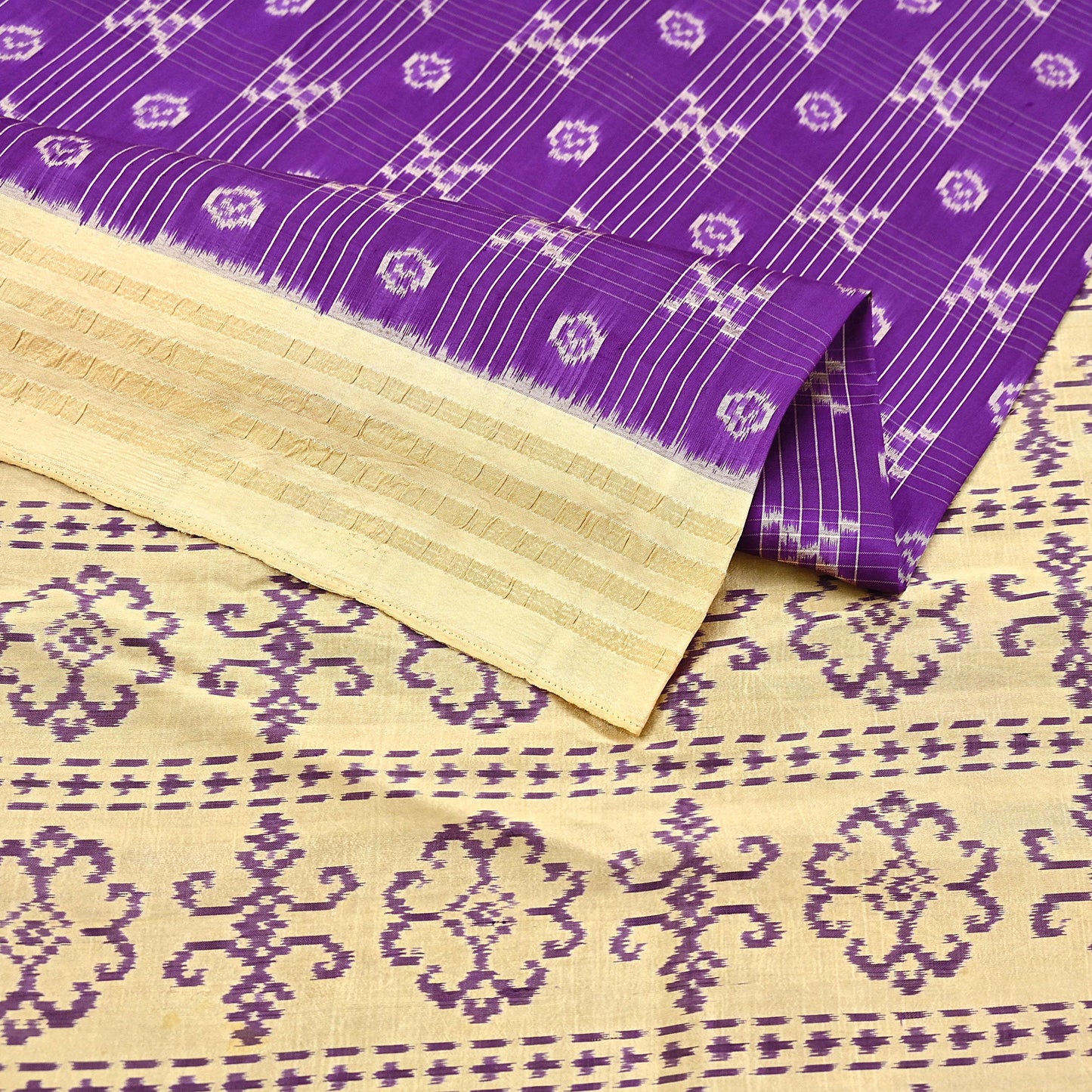 Indian Vintage Saree Beige & Purple Pure Silk Hand Woven Ikat Sari Craft Fabric 5Yard Dress Making Ethnic Premium Saree Quilting Crafting