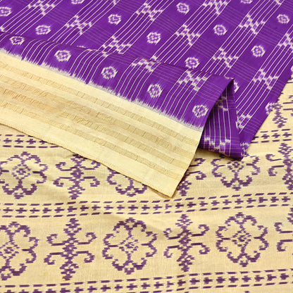 Indian Vintage Saree Beige & Purple Pure Silk Hand Woven Ikat Sari Craft Fabric 5Yard Dress Making Ethnic Premium Saree Quilting Crafting