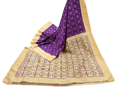 Indian Vintage Saree Beige & Purple Pure Silk Hand Woven Ikat Sari Craft Fabric 5Yard Dress Making Ethnic Premium Saree Quilting Crafting