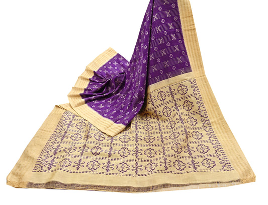 Indian Vintage Saree Beige & Purple Pure Silk Hand Woven Ikat Sari Craft Fabric 5Yard Dress Making Ethnic Premium Saree Quilting Crafting