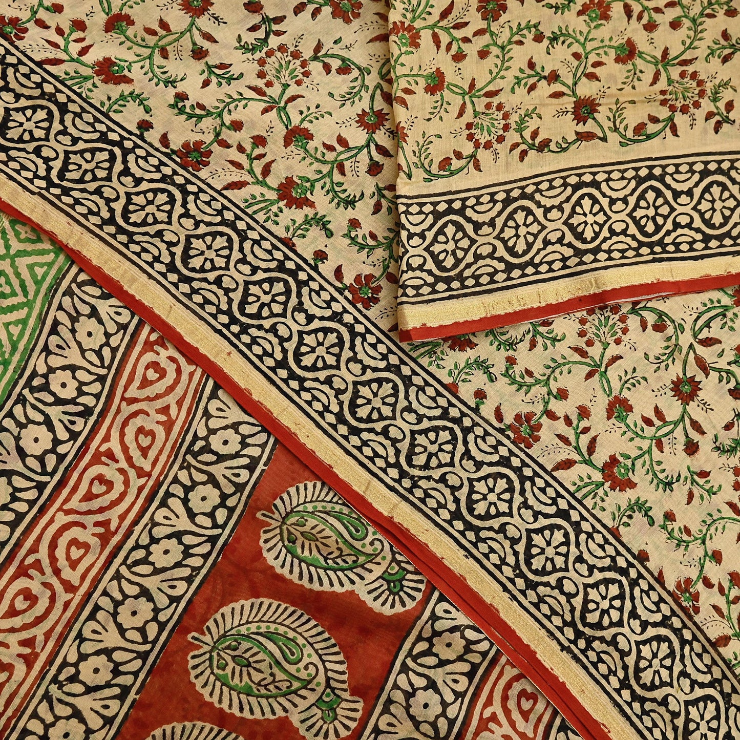 Indian Vintage Sari Beige & Black chanderi Silk Bagru Printed Saree 5Yd Fabric Floral Soft Zari Border Ethnic Upcycle Crafting Dress making