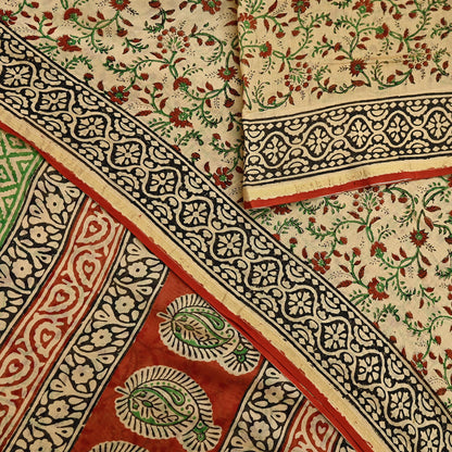 Indian Vintage Sari Beige & Black chanderi Silk Bagru Printed Saree 5Yd Fabric Floral Soft Zari Border Ethnic Upcycle Crafting Dress making