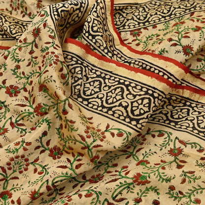 Indian Vintage Sari Beige & Black chanderi Silk Bagru Printed Saree 5Yd Fabric Floral Soft Zari Border Ethnic Upcycle Crafting Dress making
