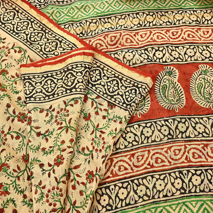 Indian Vintage Sari Beige & Black chanderi Silk Bagru Printed Saree 5Yd Fabric Floral Soft Zari Border Ethnic Upcycle Crafting Dress making