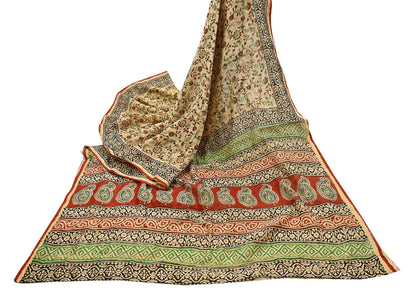 Indian Vintage Sari Beige & Black chanderi Silk Bagru Printed Saree 5Yd Fabric Floral Soft Zari Border Ethnic Upcycle Crafting Dress making