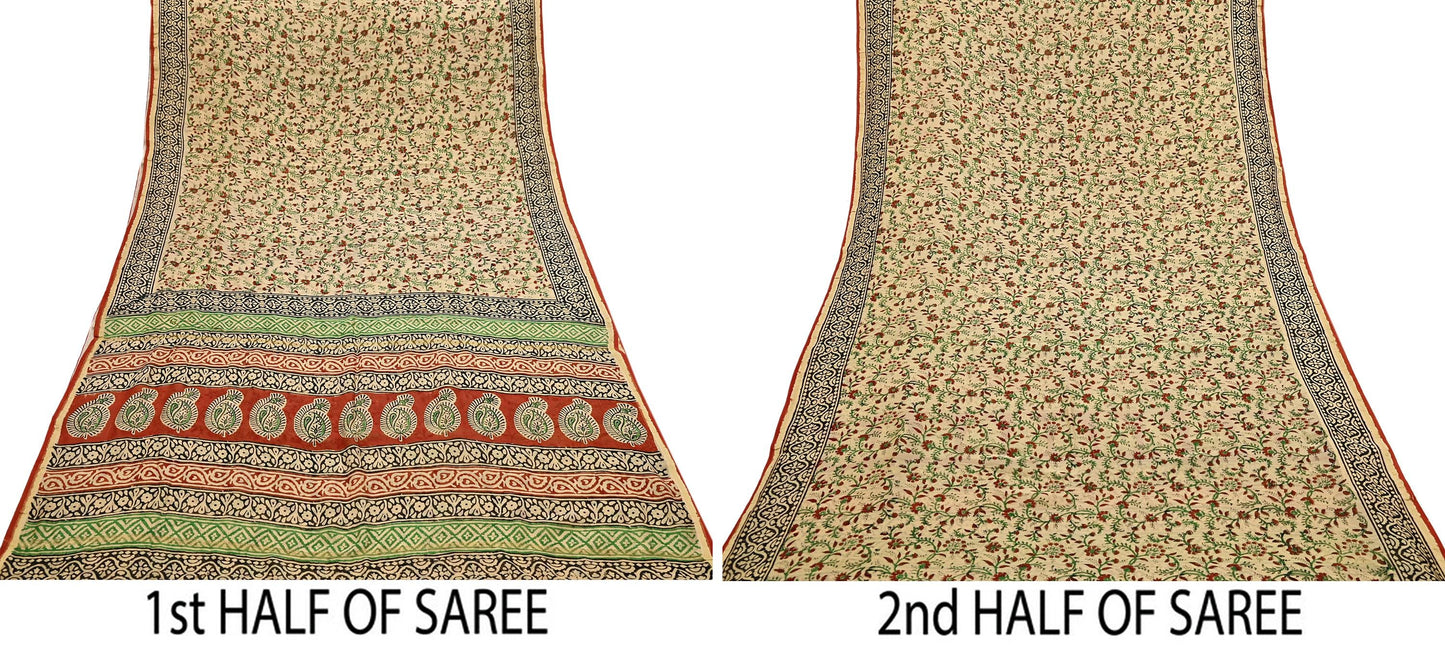 Indian Vintage Sari Beige & Black chanderi Silk Bagru Printed Saree 5Yd Fabric Floral Soft Zari Border Ethnic Upcycle Crafting Dress making