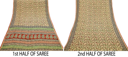 Indian Vintage Sari Beige & Black chanderi Silk Bagru Printed Saree 5Yd Fabric Floral Soft Zari Border Ethnic Upcycle Crafting Dress making