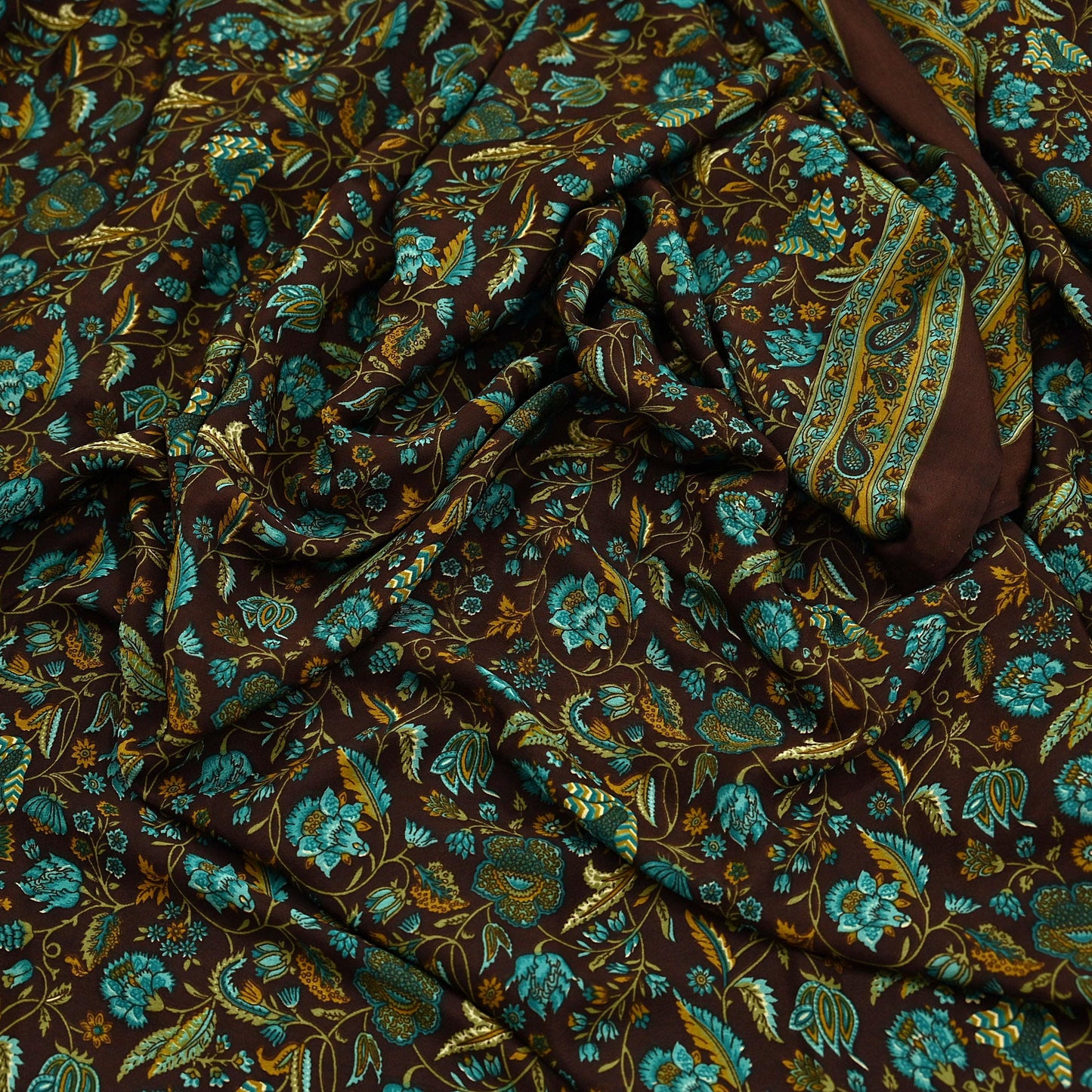 Indian Vintage Brown Moss Crepe Saree Printed Floral Sari Fabric 6 Yards Soft Craft Fabric for Sewing, Dressmaking, Quilting,Upcycling