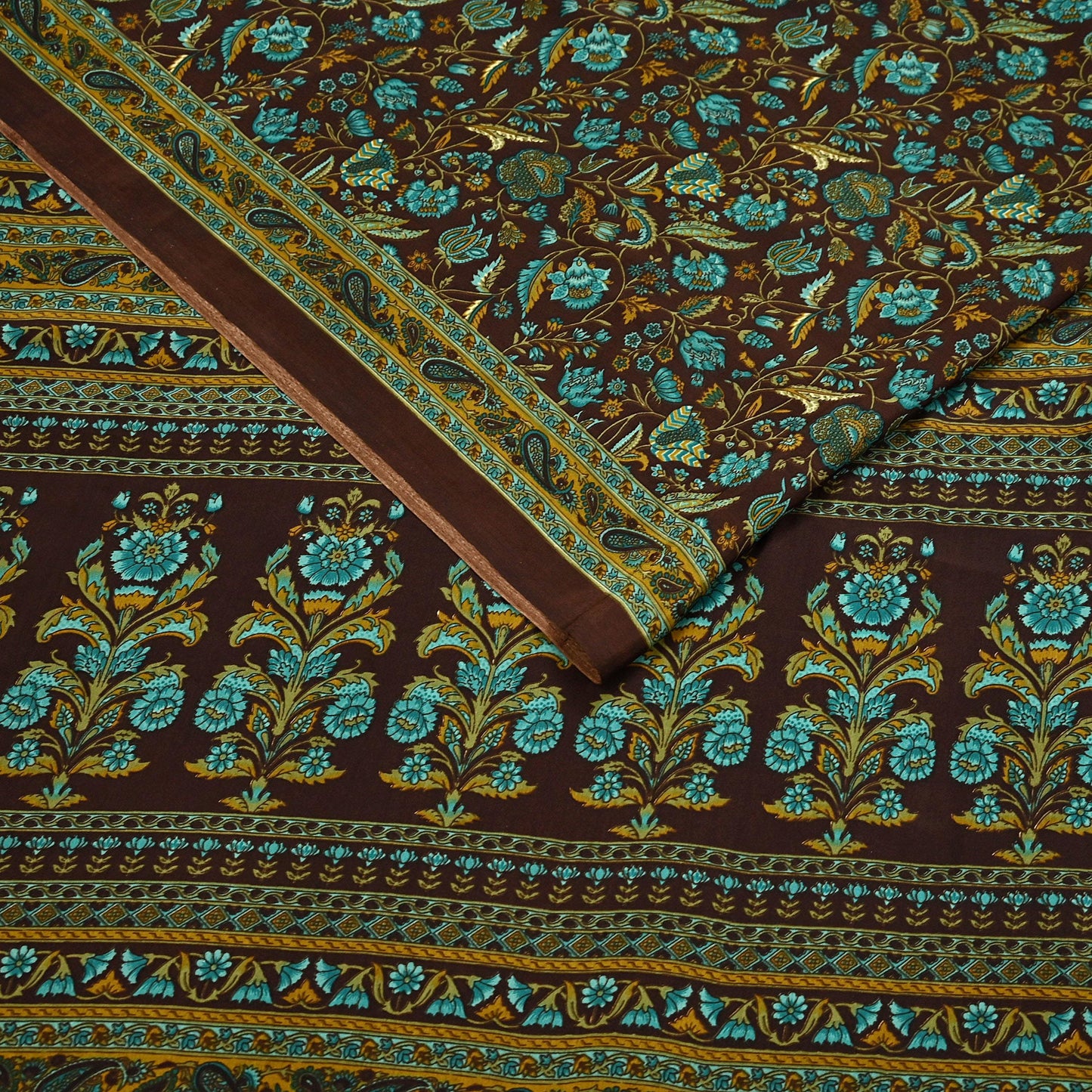 Indian Vintage Brown Moss Crepe Saree Printed Floral Sari Fabric 6 Yards Soft Craft Fabric for Sewing, Dressmaking, Quilting,Upcycling