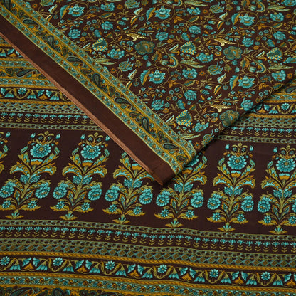 Indian Vintage Brown Moss Crepe Saree Printed Floral Sari Fabric 6 Yards Soft Craft Fabric for Sewing, Dressmaking, Quilting,Upcycling