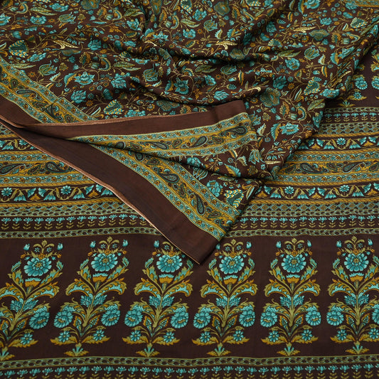 Indian Vintage Brown Moss Crepe Saree Printed Floral Sari Fabric 6 Yards Soft Craft Fabric for Sewing, Dressmaking, Quilting,Upcycling