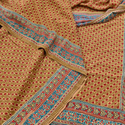 Indian Vintage Sari Red & Green Pure Crepe Silk Hand Embroidered Kantha Saree 5yd Craft Fabric Sewing Floral Soft Dress making Crafting