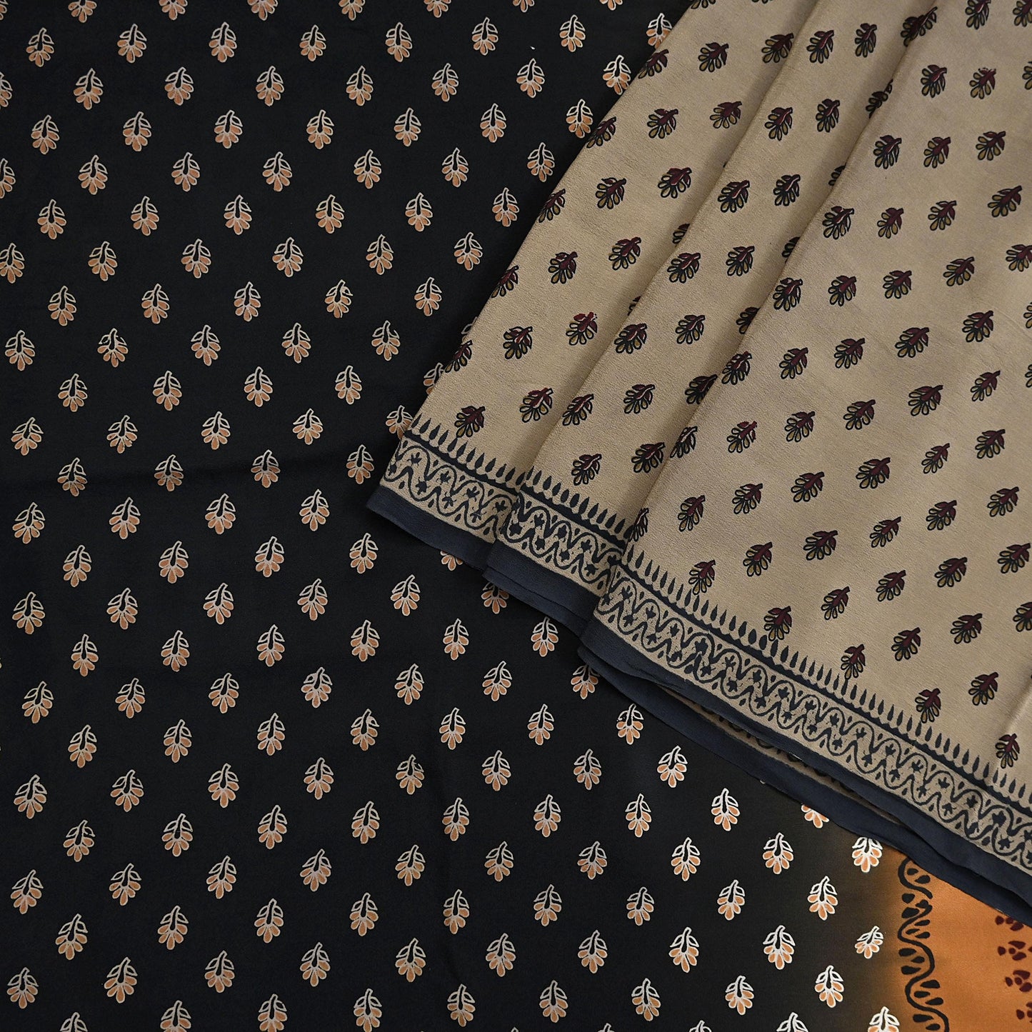 Indian Vintage Sari Brown & Black Pure Crepe Silk Printed Sarees 5yd Sewing Soft Craft Fabric Wrap Dress Making Crafting Quilting Upcycle