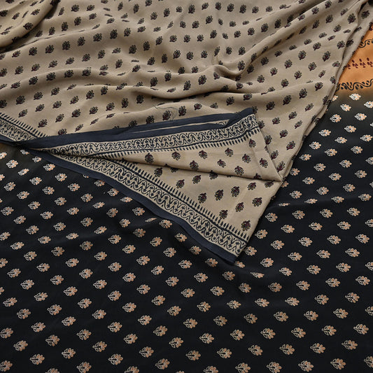 Indian Vintage Sari Brown & Black Pure Crepe Silk Printed Sarees 5yd Sewing Soft Craft Fabric Wrap Dress Making Crafting Quilting Upcycle