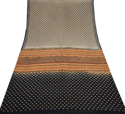 Indian Vintage Sari Brown & Black Pure Crepe Silk Printed Sarees 5yd Sewing Soft Craft Fabric Wrap Dress Making Crafting Quilting Upcycle