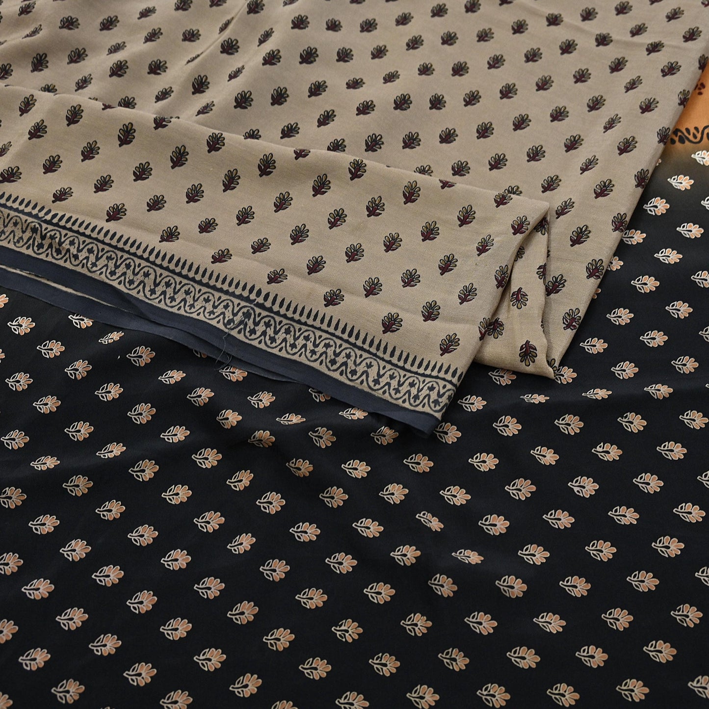 Indian Vintage Sari Brown & Black Pure Crepe Silk Printed Sarees 5yd Sewing Soft Craft Fabric Wrap Dress Making Crafting Quilting Upcycle