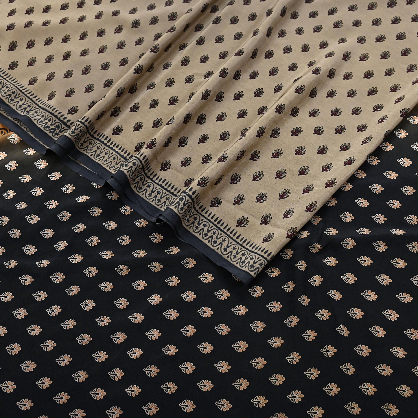 Indian Vintage Sari Brown & Black Pure Crepe Silk Printed Sarees 5yd Sewing Soft Craft Fabric Wrap Dress Making Crafting Quilting Upcycle