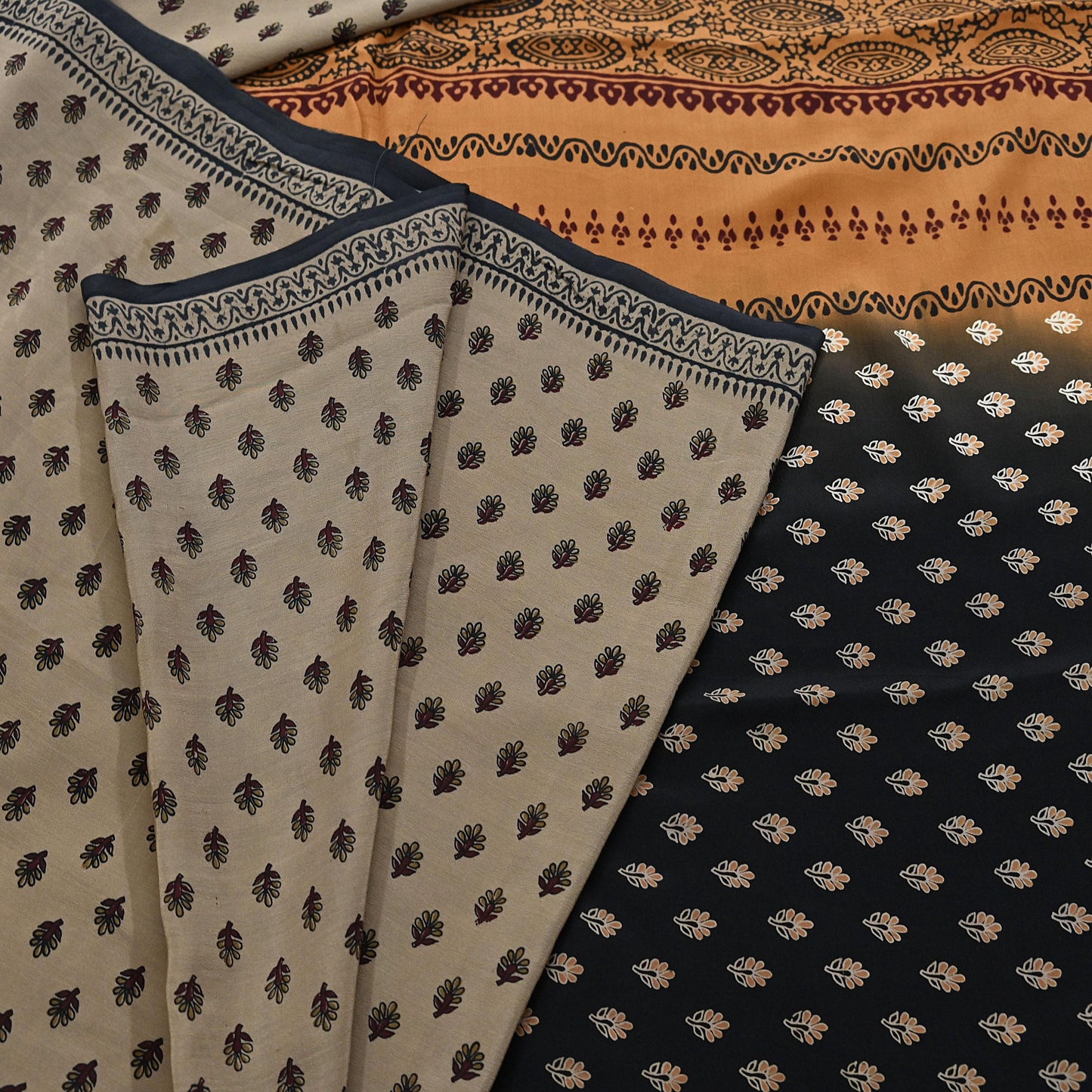 Indian Vintage Sari Brown & Black Pure Crepe Silk Printed Sarees 5yd Sewing Soft Craft Fabric Wrap Dress Making Crafting Quilting Upcycle