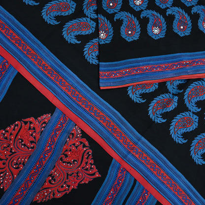 Indian Vintage Sari Blue & Black Pure Crepe Silk Hand Embroidered Saree 5yd Sewing Floral Craft Sequins Dress making Crafting Quilting