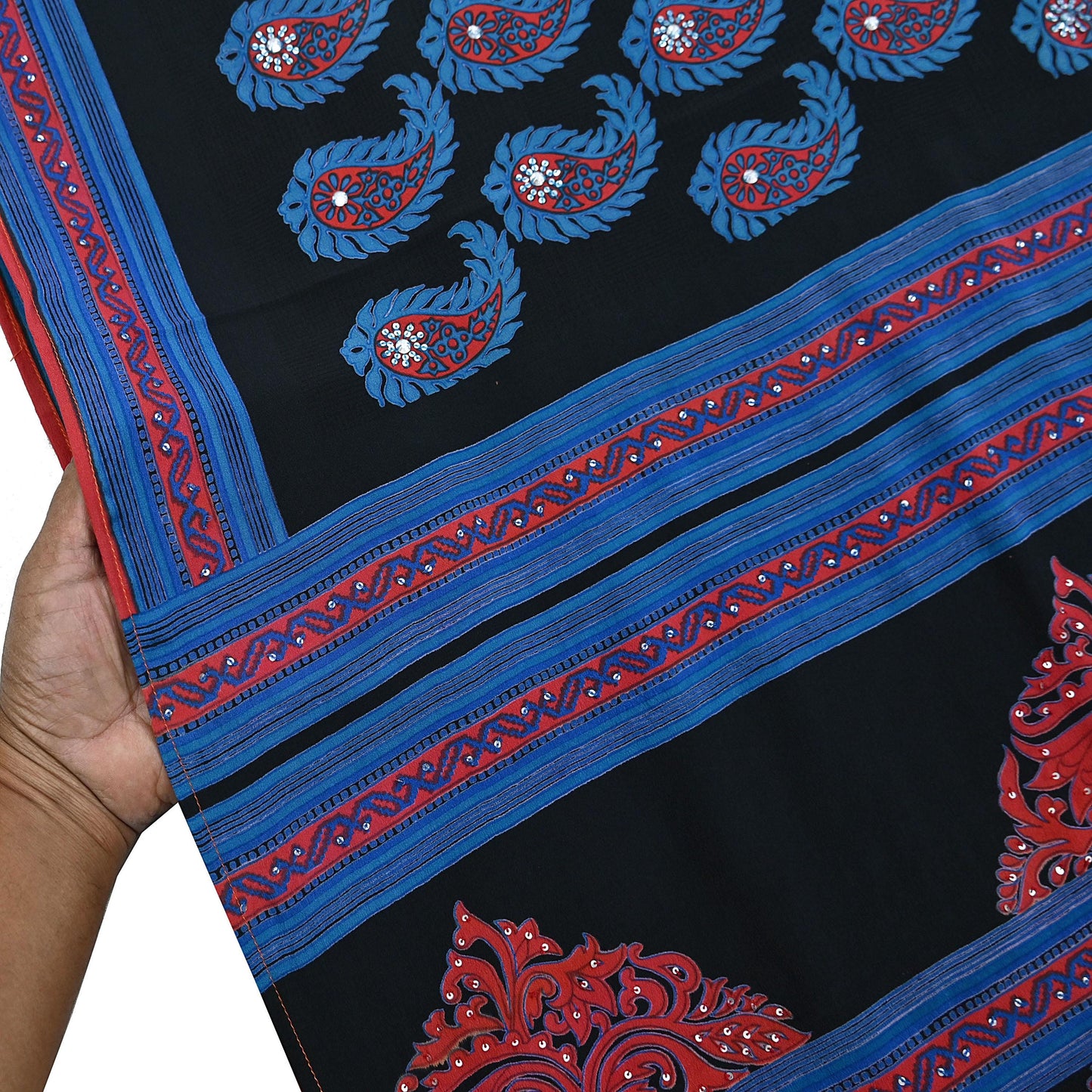 Indian Vintage Sari Blue & Black Pure Crepe Silk Hand Embroidered Saree 5yd Sewing Floral Craft Sequins Dress making Crafting Quilting