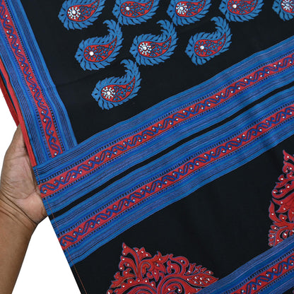 Indian Vintage Sari Blue & Black Pure Crepe Silk Hand Embroidered Saree 5yd Sewing Floral Craft Sequins Dress making Crafting Quilting