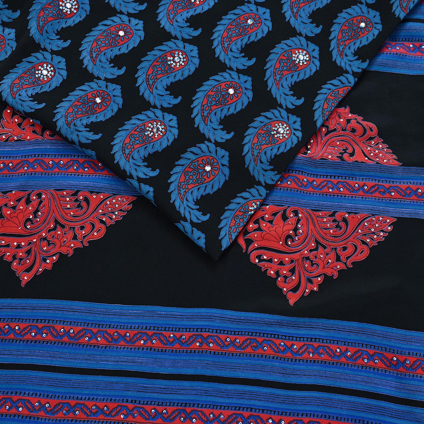 Indian Vintage Sari Blue & Black Pure Crepe Silk Hand Embroidered Saree 5yd Sewing Floral Craft Sequins Dress making Crafting Quilting