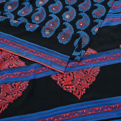 Indian Vintage Sari Blue & Black Pure Crepe Silk Hand Embroidered Saree 5yd Sewing Floral Craft Sequins Dress making Crafting Quilting