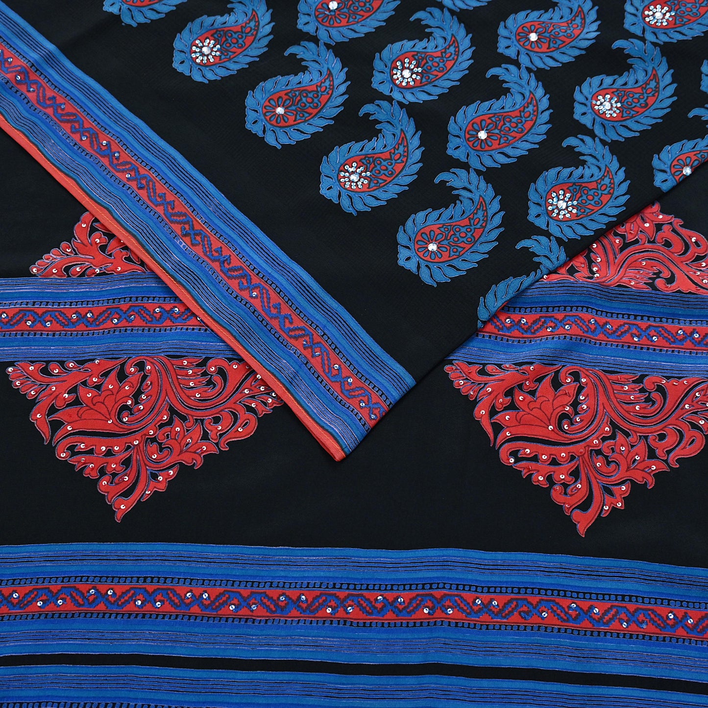 Indian Vintage Sari Blue & Black Pure Crepe Silk Hand Embroidered Saree 5yd Sewing Floral Craft Sequins Dress making Crafting Quilting