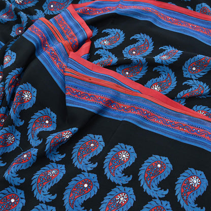 Indian Vintage Sari Blue & Black Pure Crepe Silk Hand Embroidered Saree 5yd Sewing Floral Craft Sequins Dress making Crafting Quilting