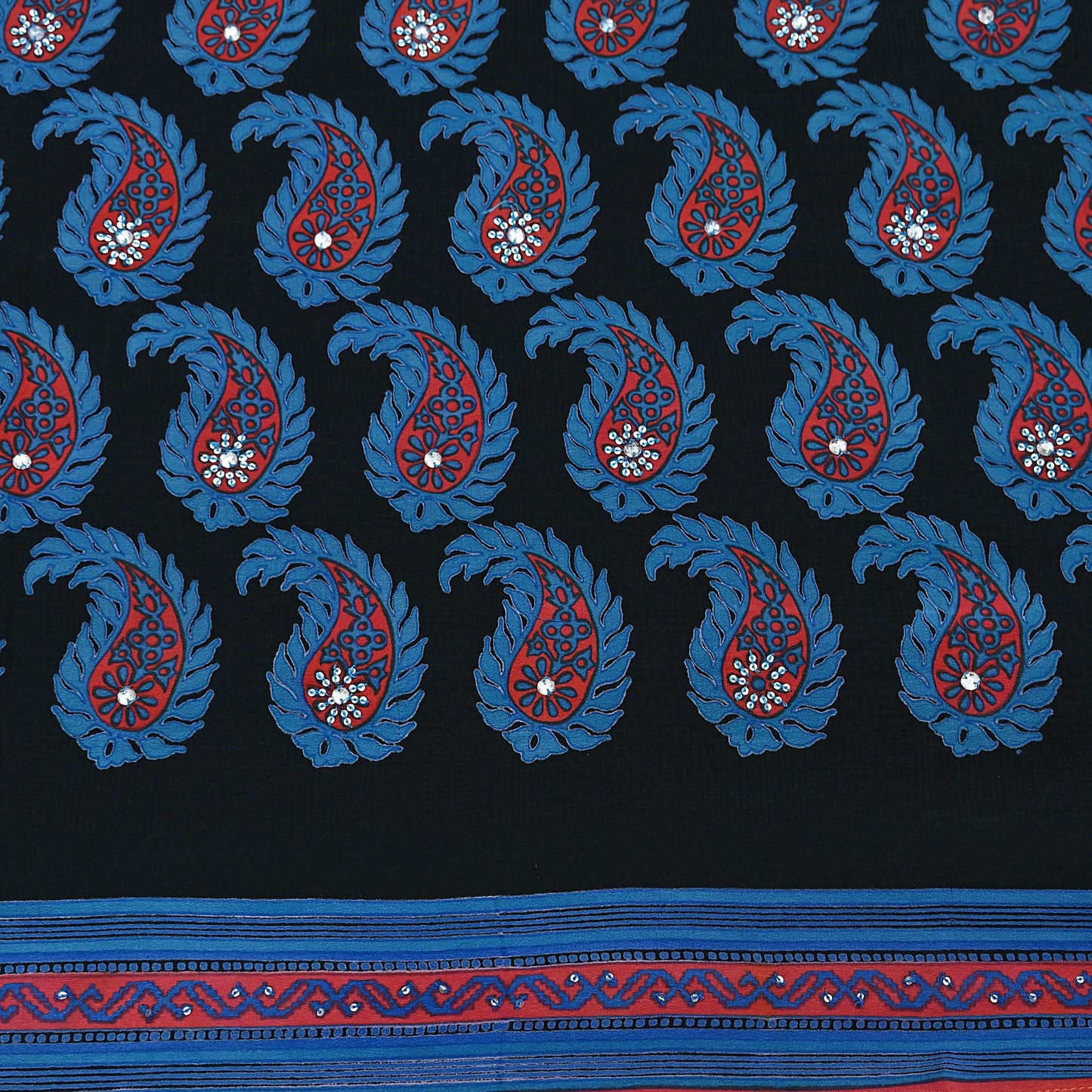 Indian Vintage Sari Blue & Black Pure Crepe Silk Hand Embroidered Saree 5yd Sewing Floral Craft Sequins Dress making Crafting Quilting