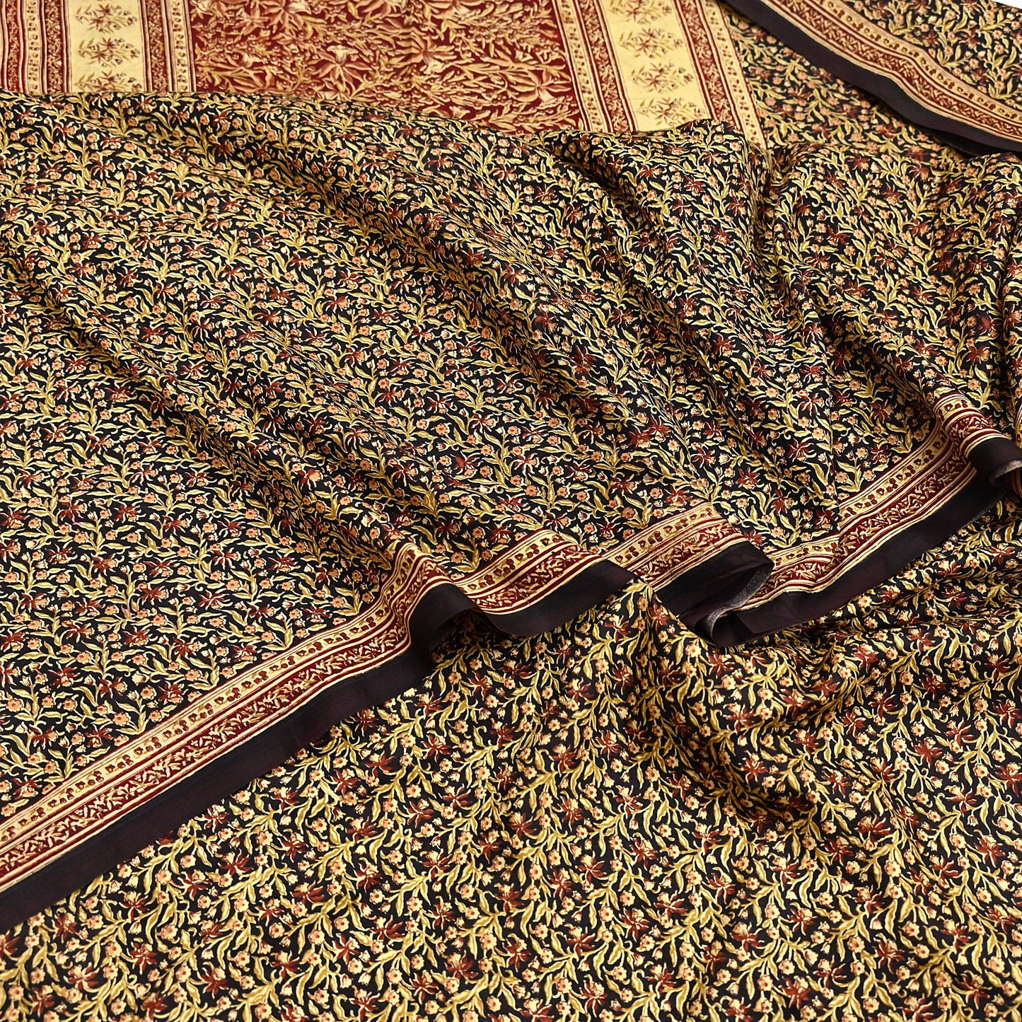 Indian Vintage Sari Maroon & Black 100% Pure Silk Printed Saree Craft Fabric 5yd Sewing Dress Making Soft Wrap Quilting Crafting Upcycle