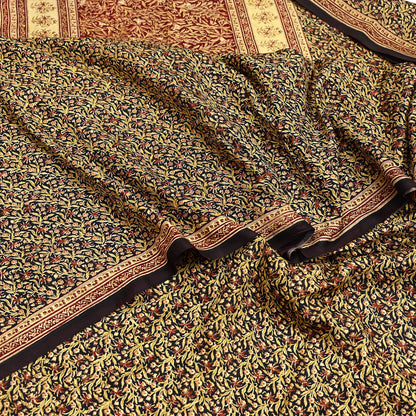 Indian Vintage Sari Maroon & Black 100% Pure Silk Printed Saree Craft Fabric 5yd Sewing Dress Making Soft Wrap Quilting Crafting Upcycle