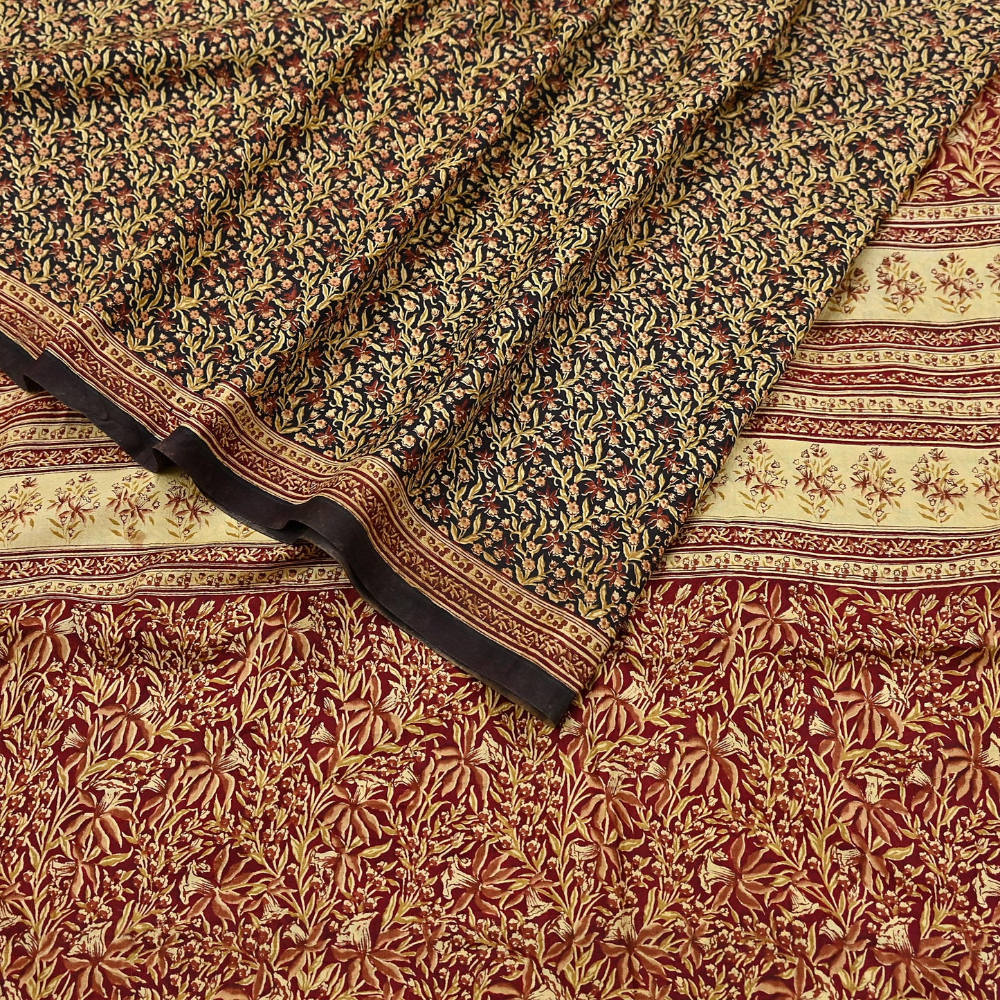 Indian Vintage Sari Maroon & Black 100% Pure Silk Printed Saree Craft Fabric 5yd Sewing Dress Making Soft Wrap Quilting Crafting Upcycle