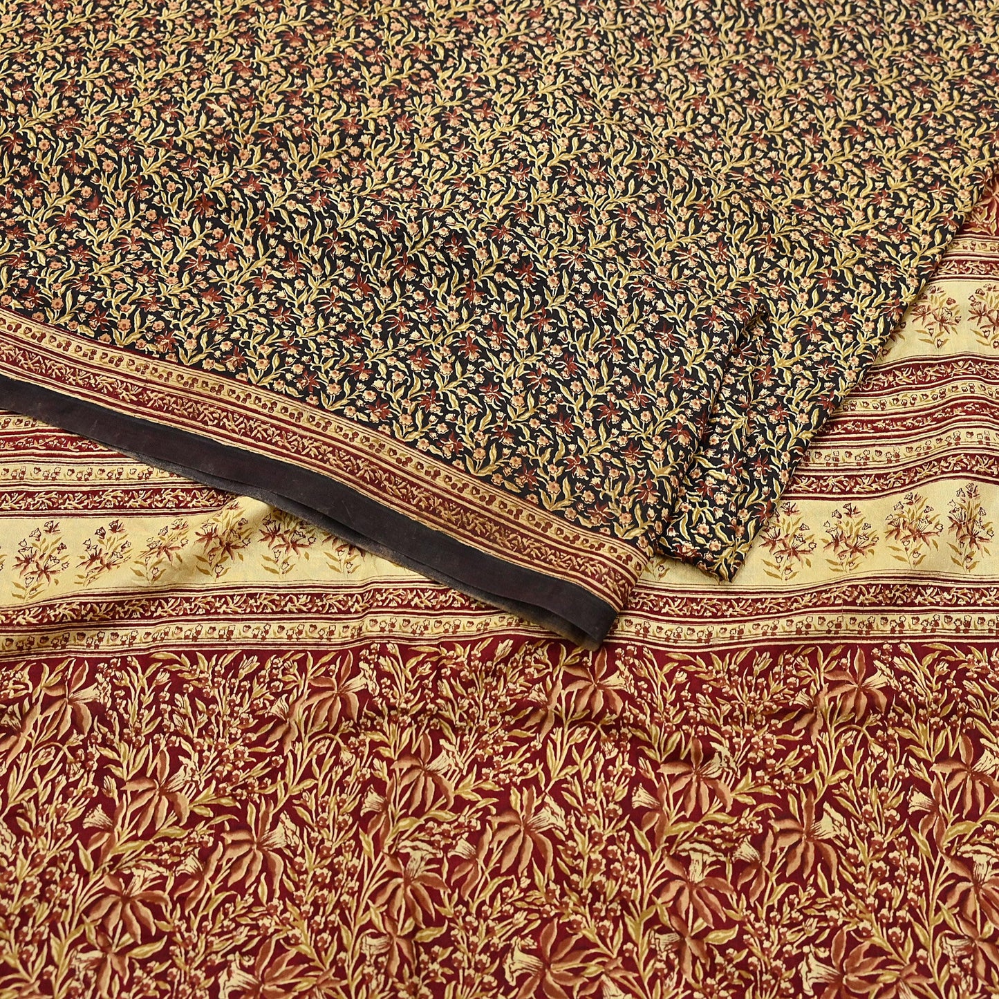 Indian Vintage Sari Maroon & Black 100% Pure Silk Printed Saree Craft Fabric 5yd Sewing Dress Making Soft Wrap Quilting Crafting Upcycle