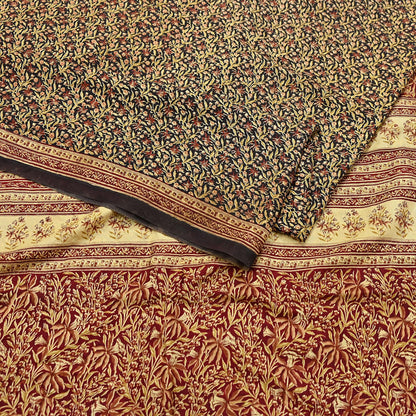 Indian Vintage Sari Maroon & Black 100% Pure Silk Printed Saree Craft Fabric 5yd Sewing Dress Making Soft Wrap Quilting Crafting Upcycle