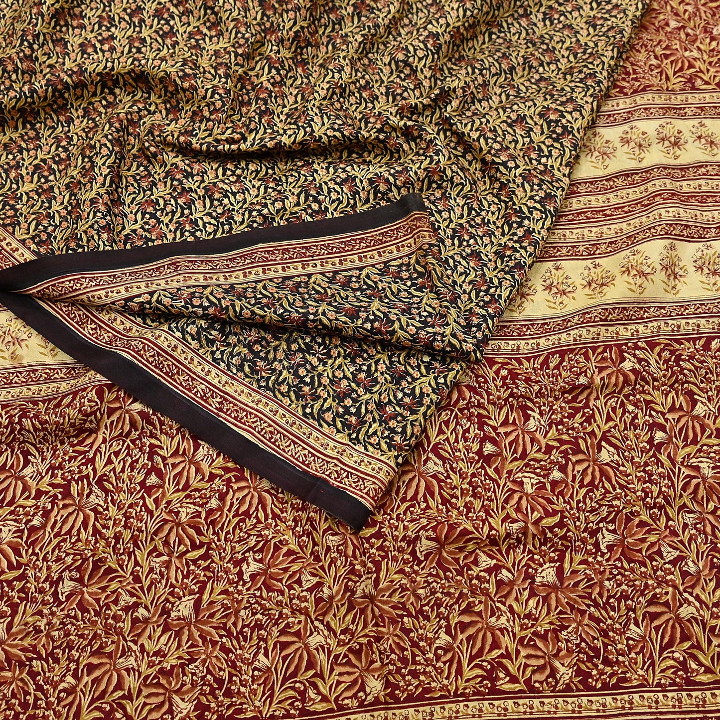 Indian Vintage Sari Maroon & Black 100% Pure Silk Printed Saree Craft Fabric 5yd Sewing Dress Making Soft Wrap Quilting Crafting Upcycle