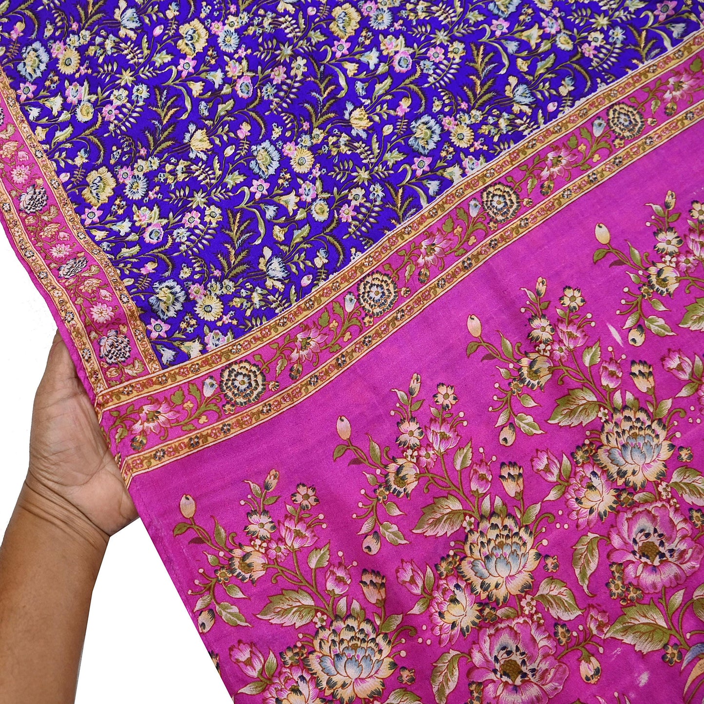 Indian Vintage Sari Purple & Pink Printed Pure Silk Sarees 6yd Sewing Craft Fabric Soft Dress Making Floral Upcycle Crafting Quilting Used