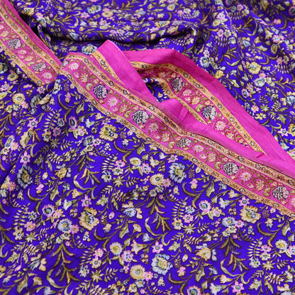Indian Vintage Sari Purple & Pink Printed Pure Silk Sarees 6yd Sewing Craft Fabric Soft Dress Making Floral Upcycle Crafting Quilting Used