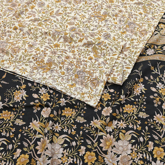 Indian Vintage Sari Black & Ivory 100% Pure Silk Printed Sarees 6yd Craft Fabric Sewing Soft Dress Making Floral Quilting Crafting Upcycle