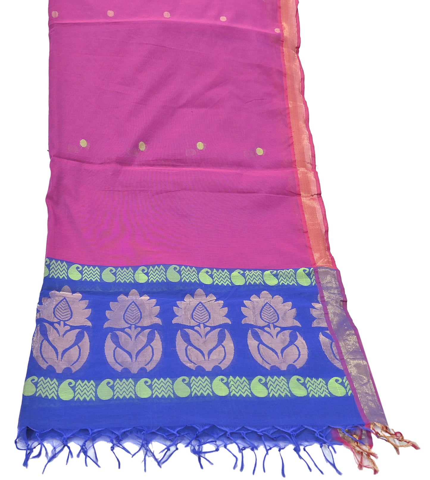Indian Vintage Dupatta Blue & Pink Chanderi Long Stole Hand Embroidered Work Scarves Veil Zari Wrap Fringes