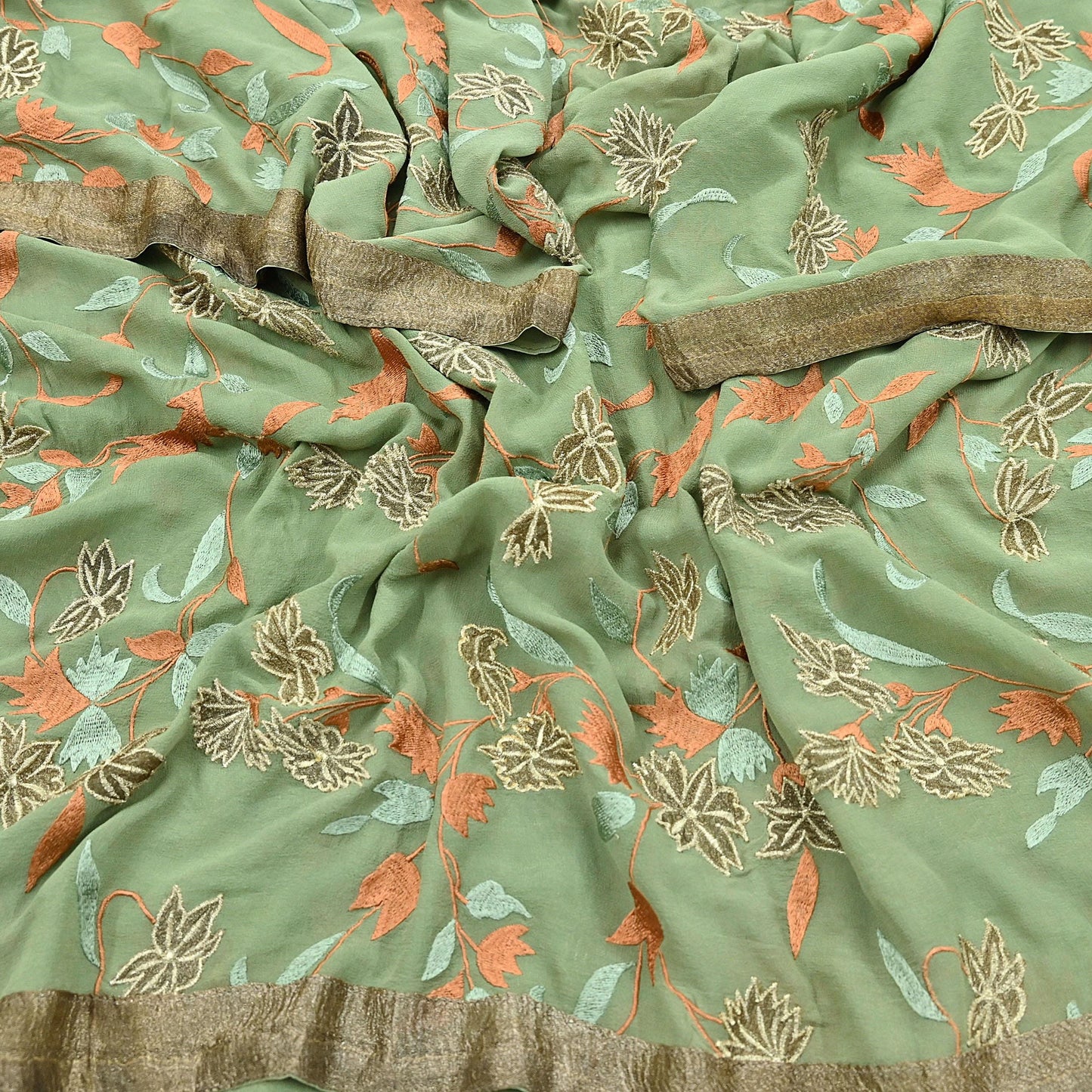 Indian Vintage Dupatta Green Pure Georgette silk Long Stole Embroidered Scarves Stole Veil Wrap