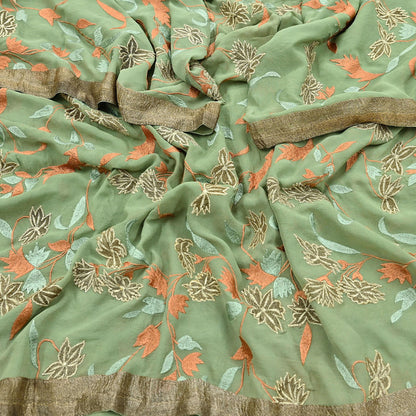 Indian Vintage Dupatta Green Pure Georgette silk Long Stole Embroidered Scarves Stole Veil Wrap