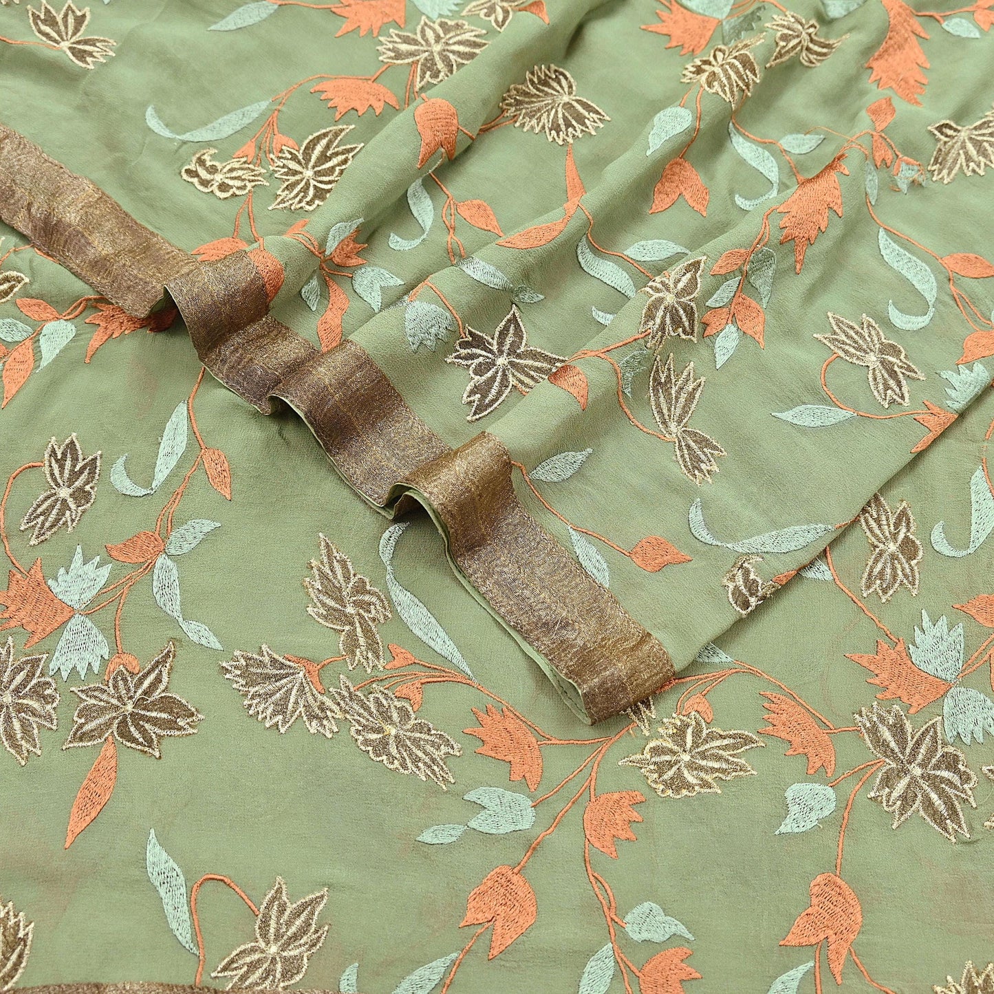 Indian Vintage Dupatta Green Pure Georgette silk Long Stole Embroidered Scarves Stole Veil Wrap