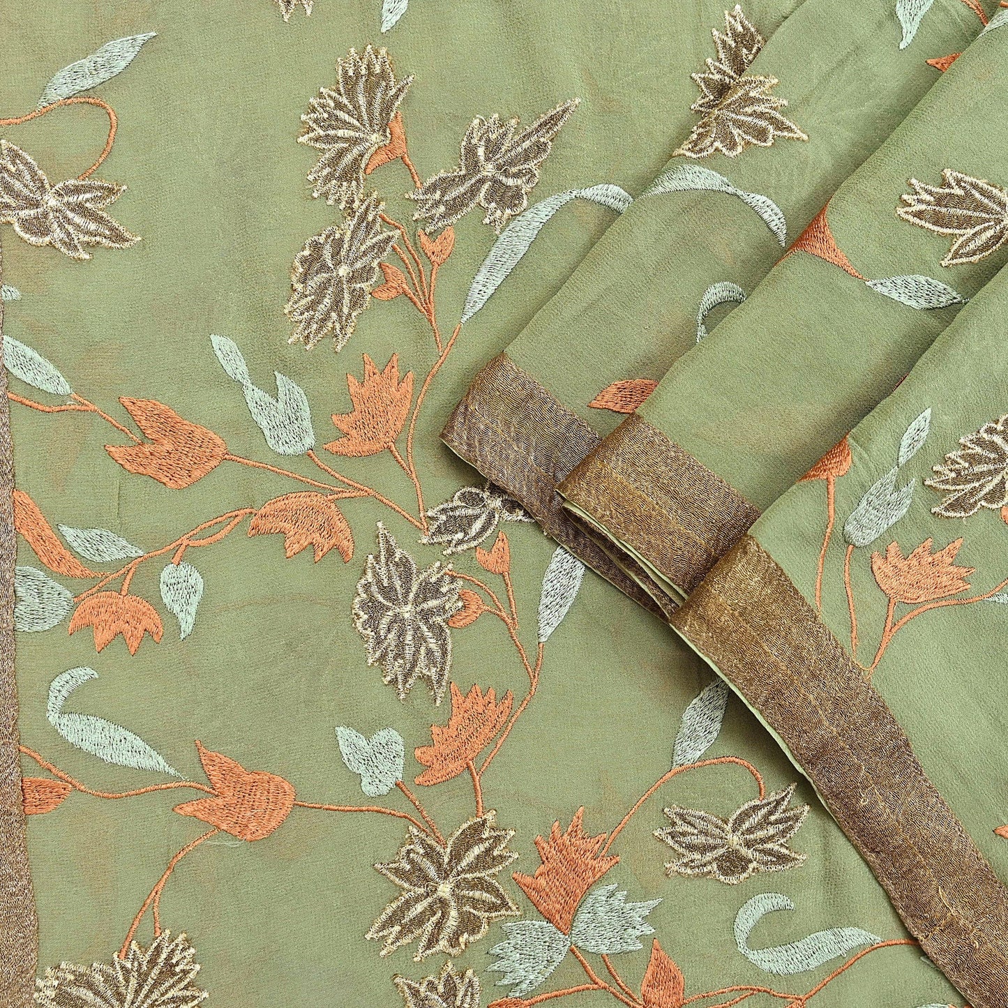 Indian Vintage Dupatta Green Pure Georgette silk Long Stole Embroidered Scarves Stole Veil Wrap