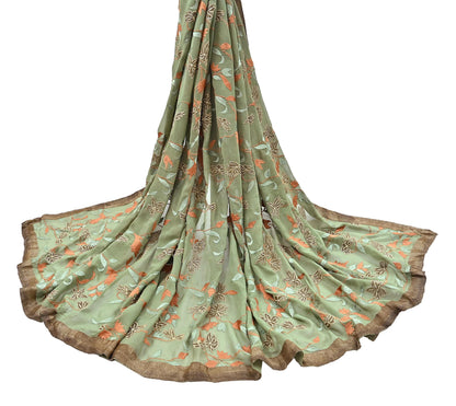 Indian Vintage Dupatta Green Pure Georgette silk Long Stole Embroidered Scarves Stole Veil Wrap