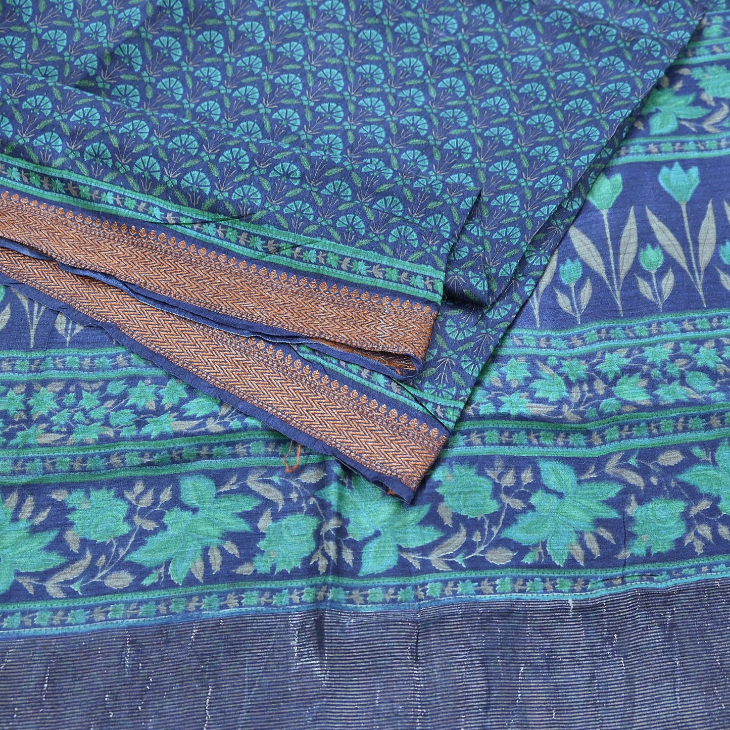 Vintage blue green Wool Saree Indian Pure Woolen Floral Woven Fabric 5 Yard Soft Warm Craft Material for Winter Dressmaking & Sewing
